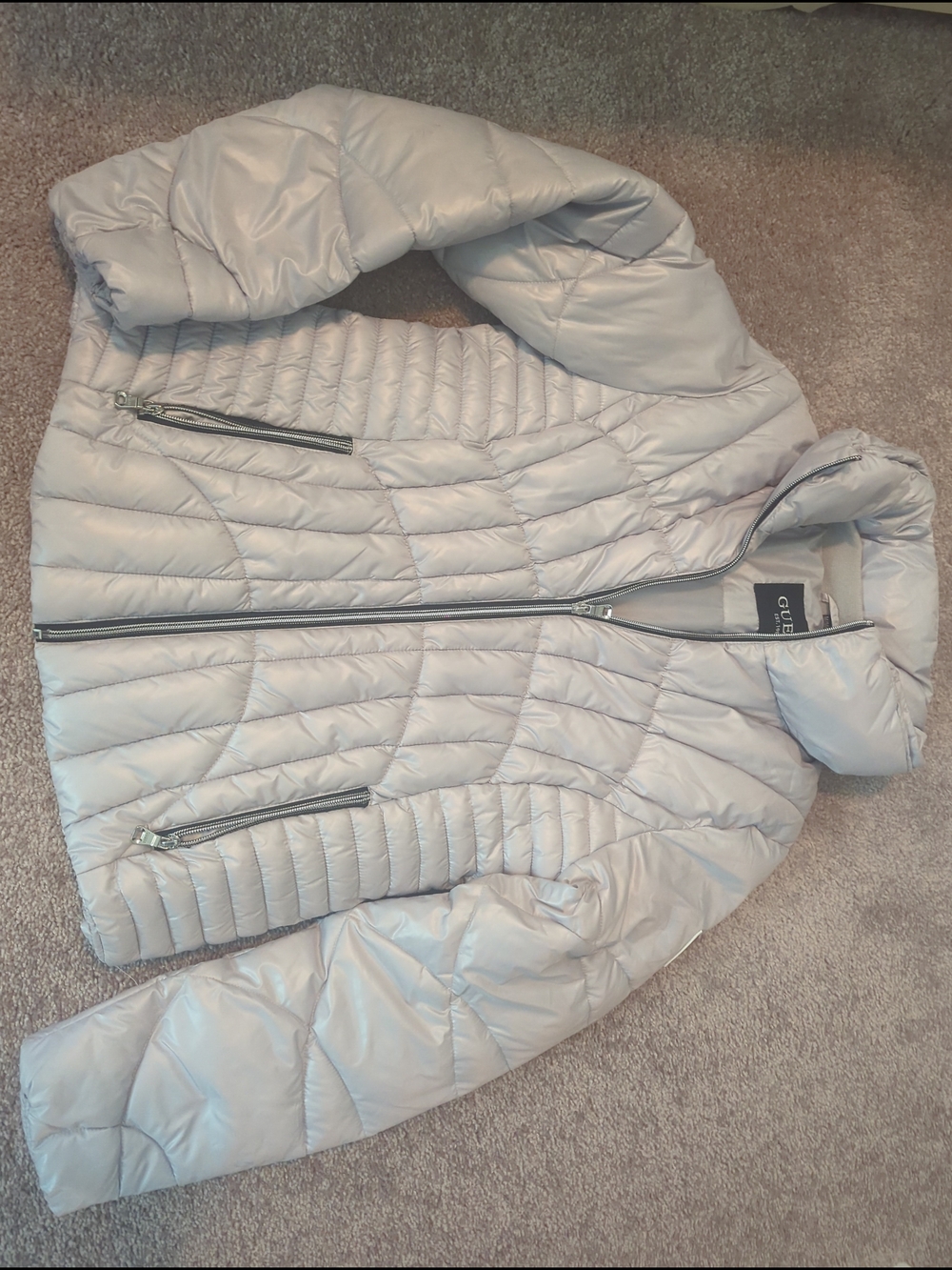 Guess Light Gray Quilted Puffer Jacket with Hood